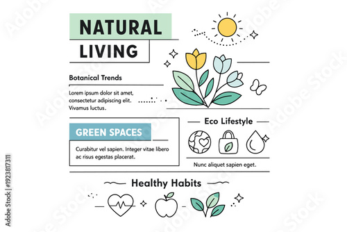 Graphic design trends nature inspired design example. Botanical elements combined with clean typography blocks and layout grids. Modern