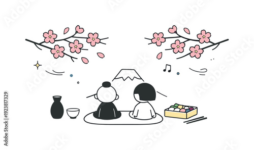 Two people enjoying cherry blossoms and Mount Fuji view with sake and sweets