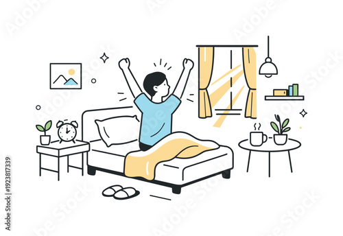 Person waking up and stretching in bed with sunlight streaming through the window