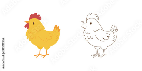 Cute chicken vector illustration with outline version. Farm hen cartoon character. Colored and black and white coloring page design. Isolated on background.