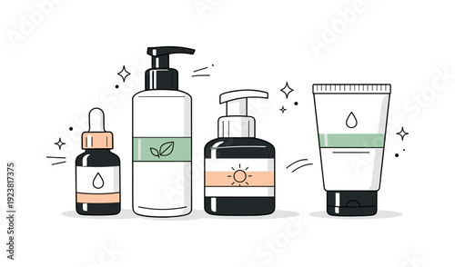 Collection of minimalist skincare bottles and tubes with clean design elements