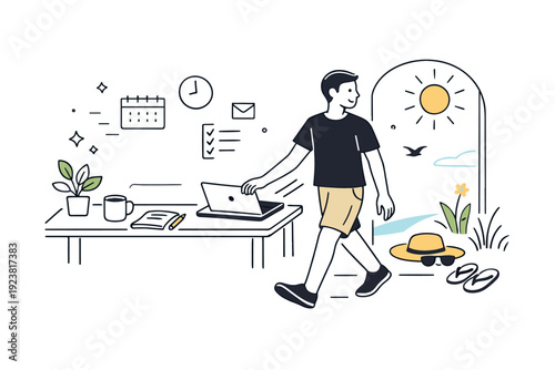 Summer Work Escape. Summer work-life balance moments. Person closing a laptop and stepping outside into sunlight, work desk blending gently with summer