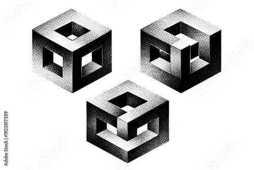 Optical illusion object ambiguous depth cube, a geometric solid designed to flip perceived foreground and background relationships, presented