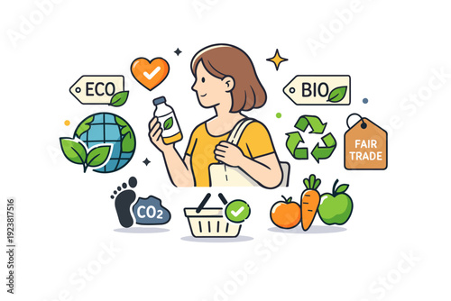 Consumer behavior sustainable purchasing mindset illustrated by eco labels and mindful shopper symbols, expressing responsibility, awareness