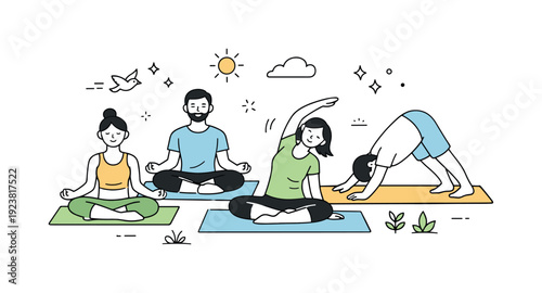 Diverse group of people practicing yoga outdoors on a sunny day with a bird flying