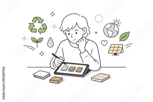 Eco Design Review. Sustainable Materials. Designer reviewing recycled and natural material samples on a tablet, focused and thoughtful mood. Abstract eco