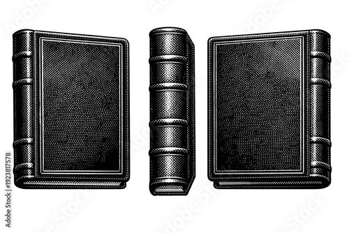 Book cover object, A leather-bound book cover shown as one object across three views focusing on rounded spine edges, thick board
