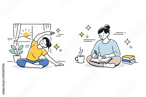 Peaceful Morning Rituals. Gentle morning without screens. A person practices stretching or journaling near a window before checking devices, abstract stars and