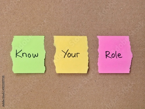 Know Your Role concept on colorful torn paper notes. Ideal for concepts of teamwork, job responsibility, career guidance, and organizational structure