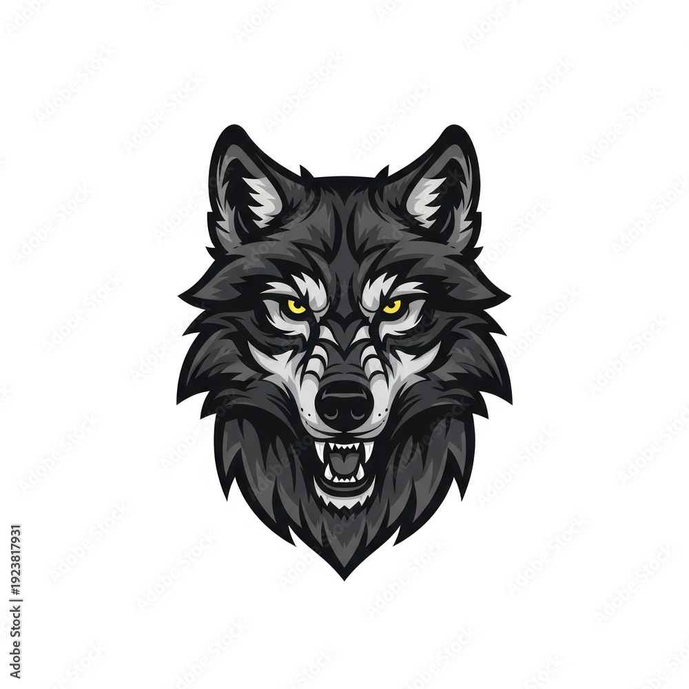 Fototapeta premium A detailed head of a fierce, stylized wolf with sharp teeth and piercing yellow eyes