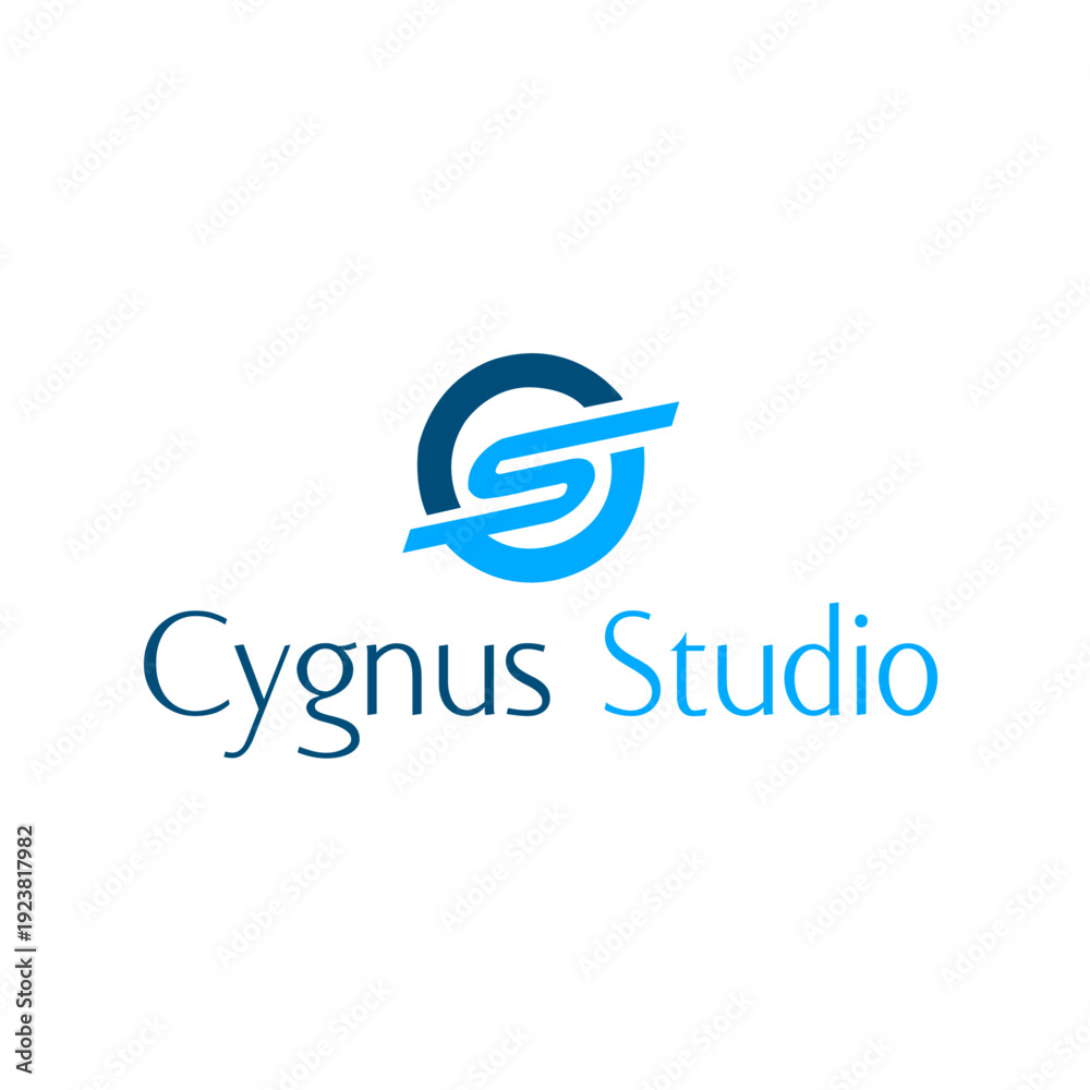 Fototapeta premium Cygnus Studio Professional Logo Featuring a Blue Circular S Monogram Icon and Clean Serif Typography Isolated on a Plain White Background