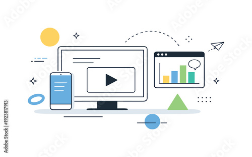 Digital marketing strategy with devices and analytics dashboard on white background