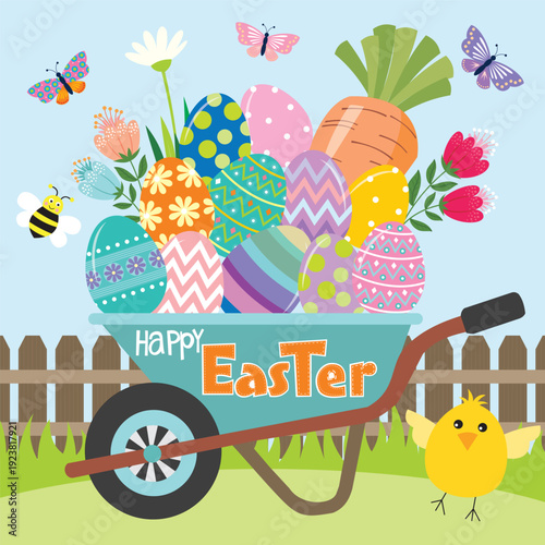 Happy Easter Wheelbarrow with Decorated Eggs, Flowers, and Chick