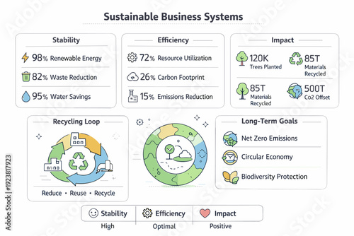 Sustainable Business Dashboard. Sustainable business systems. Dashboard-style layout with KPIs, recycling loops, and long-term goals shown as calm visual