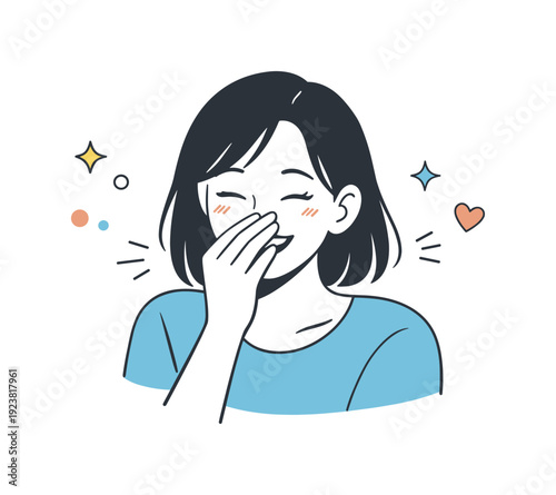 Young woman laughing heartily covering her mouth with hand, feeling joy and happiness