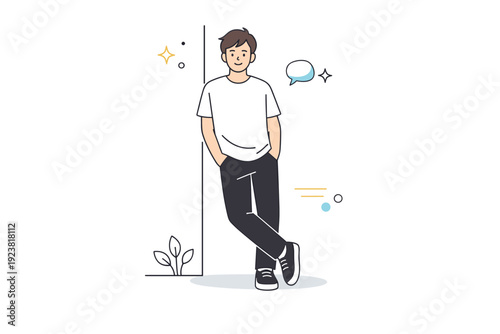 People without styling effort. Individual leaning lightly against a wall, neutral expression, basic shoes and clothes. No performance, quiet