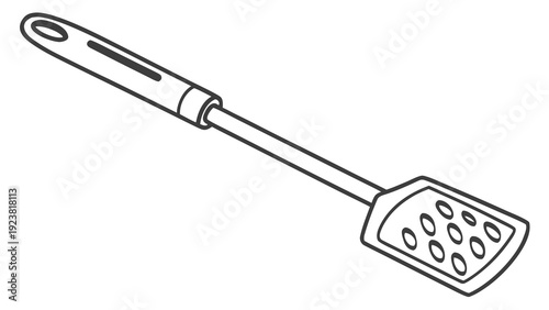 A minimalist line art illustration of a slotted spatula on a white background