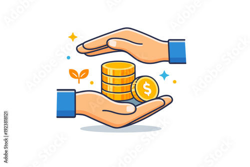Saving money concept hands protecting coins arranged as a clear visual metaphor for care, protection, and future planning. Minimalist flat