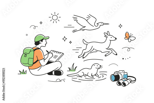 Expressing wildlife through art. A person photographing or sketching animals in a natural setting, capturing movement and form with simple