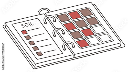 A vector graphic illustration of a soil color chart in a binder with colored squares and a list for soil classification