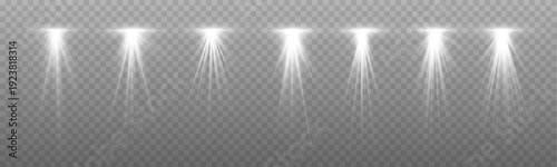 Collection of bright stage spotlights isolated on transparent background. Glowing beams with soft haze effect. Vector illustration.