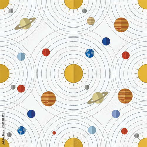 A cute and educational seamless pattern of solar systems. Flat design graphic for kids, science themes, fabric, or wallpaper. Vector illustration