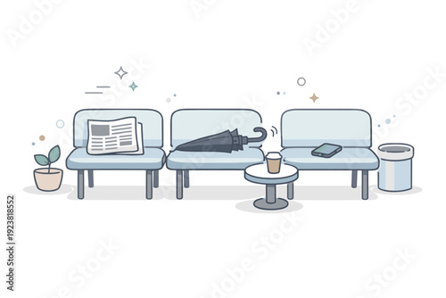 Recently left scenes. Public seating area with scattered objects?newspaper, umbrella, phone left behind. Anonymous absence and ambient trace