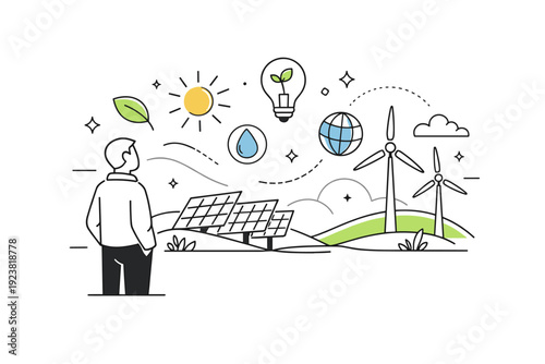 Green energy concepts. A person calmly observing solar panels and wind turbines integrated into a clean landscape. The scene