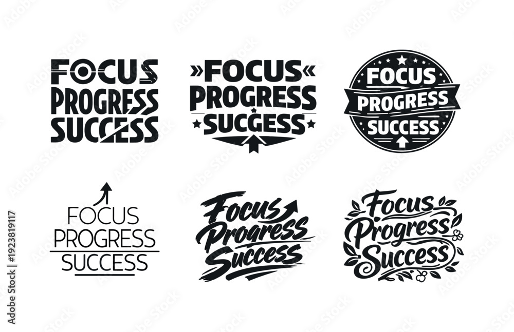 Fototapeta premium Focus, Progress, Success: Motivational Typography Designs for Achievement and Growth
