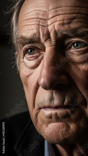 Close-up portrait of an aging man, detailed facial features, captured in dramatic lighting