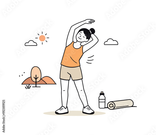 Woman stretching outdoors in a park with sun and clouds, yoga mat and water bottle nearby