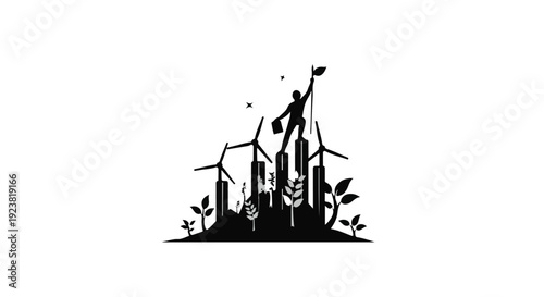 black silhouette cityscape with wind turbines and nature