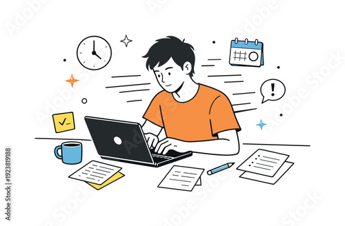 Young man working diligently on his laptop with a cup of coffee and papers on his desk