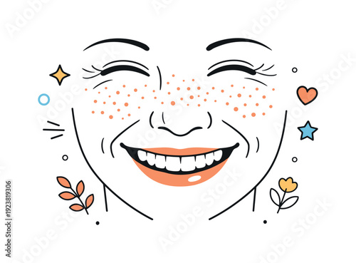 Joyful face with freckles and decorative elements, a celebration of natural beauty and happiness