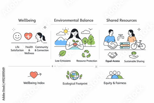Post-growth economy visuals. Minimal dashboard showing wellbeing indicators, environmental balance, and shared resources instead of financial