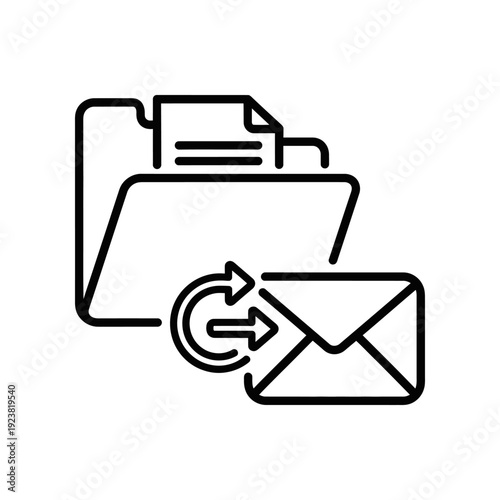 Minimalist black and white line art depicting an email marketing concept with a paper plane launching from an envelope into a digital network.