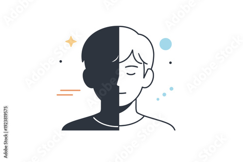 People half-lit faces. A person shown in profile with soft shadow covering half of the face, calm neutral expression. Quiet introspection