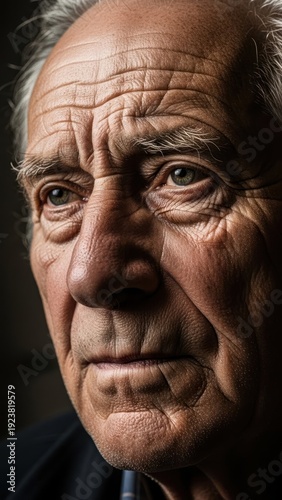 Intense close-up portrait of an elderly man with deep-set eyes, wrinkles, and thoughtful expression