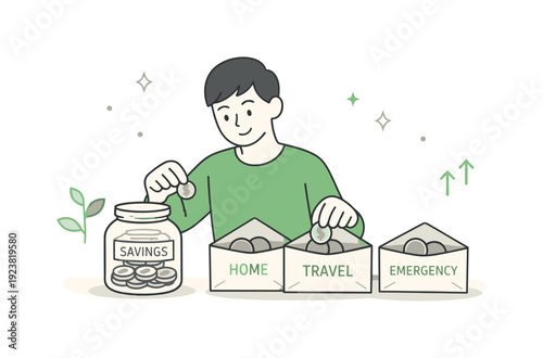 Man saving coins into envelopes for home, travel, and emergency funds