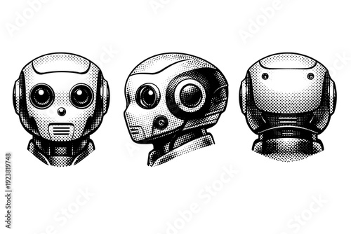 Robot Head Design. Robot head, medical or service robot head with rounded casing, integrated camera lenses, and functional design shown in three views focusing
