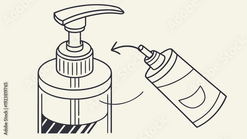 A minimalist vector illustration of a hand sanitizer bottle being refilled with a pump.