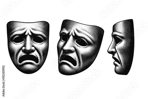Theater mask shown as a traditional drama mask with hollow eyes and sculpted expression displayed in straight-on view, tilted perspective