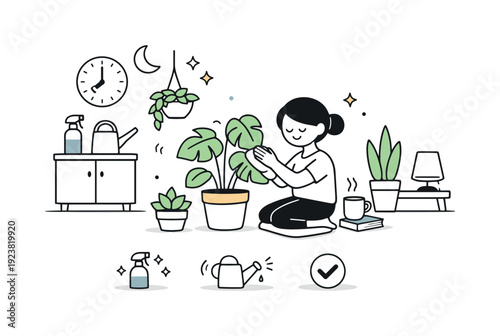 Woman tending to houseplants indoors, creating a cozy green sanctuary at home