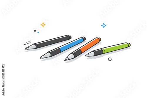 Pens without caps. A few uncapped pens lying casually on a clean desk, ink tips visible and soft shadows beneath. Everyday objects in a state