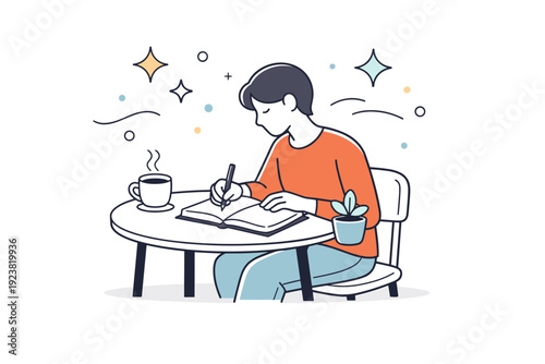 Journaling moment. A person writing thoughts in a notebook at a small table, abstract stars and dots floating around to convey reflection and