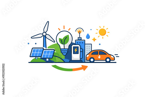 Future energy startups driven by clean power, smart systems, and environmental purpose. A compact concept illustration capturing momentum,