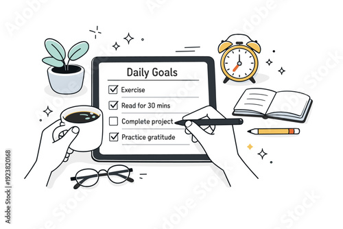 Daily goal-setting checklists. Morning routine scene with a person writing goals on a digital checklist while sipping coffee. Soft decorative