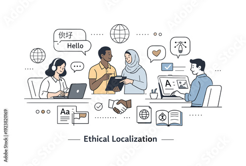 Diverse team collaborating on global communication and language localization projects