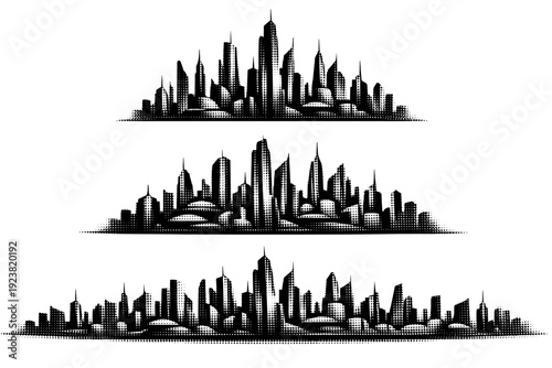 City skyline silhouette futuristic city. A futuristic skyline with tall tapered towers, unconventional geometric silhouettes, layered