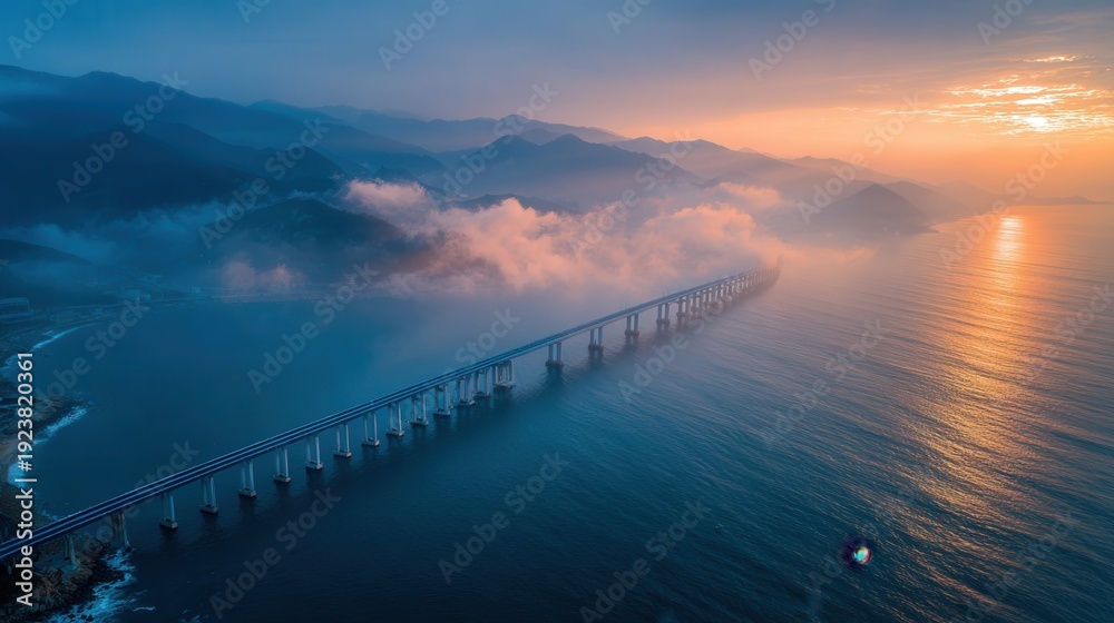 Fototapeta premium Haishang highway bridge stretching across the sea in a dramatic aerial view with soft morning mist.